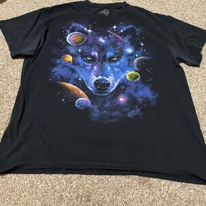 DOM Men's XL Graphic T-Shirt Black Wolf Galaxy Planets Space Print Short Sleeve